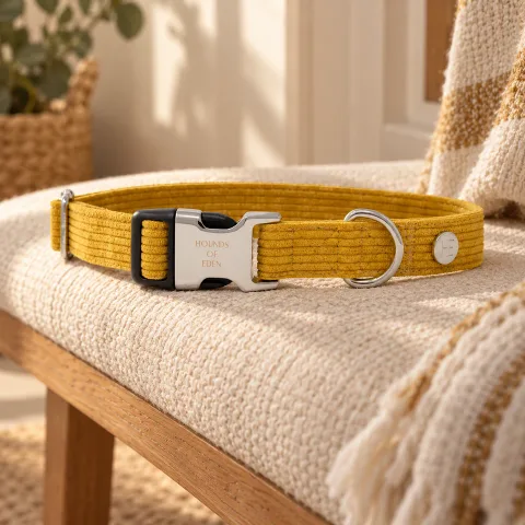 Pets — Mustard Yellow Corduroy Collar in a natural editorial setting