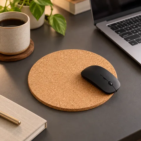 Work & Tech — Natural Cork Round Mouse Pad in a natural editorial setting