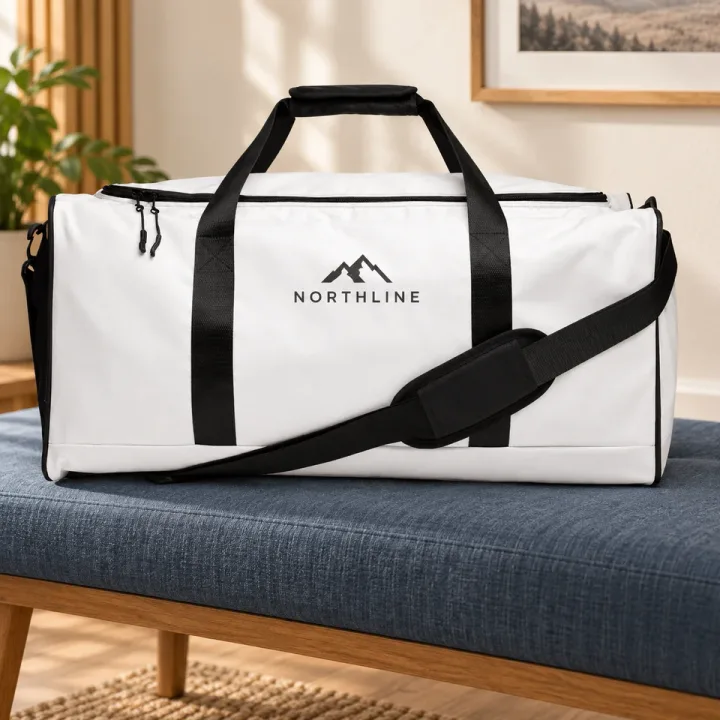 A white weekend bag customised with a black company logo.