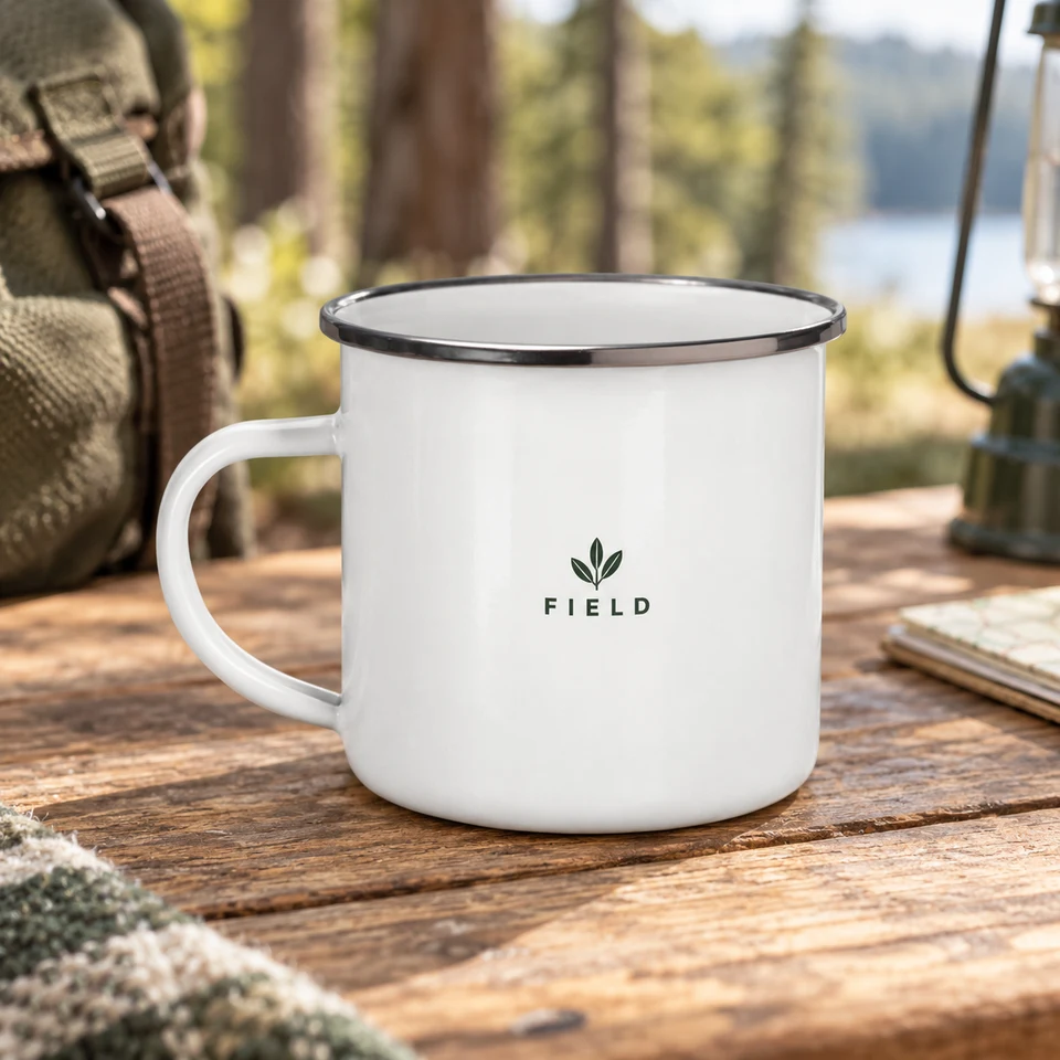 A white enamel mug with a contrasting dark rim and a small printed design.