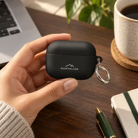 Work & Tech — Rubber Case for AirPods in a natural editorial setting