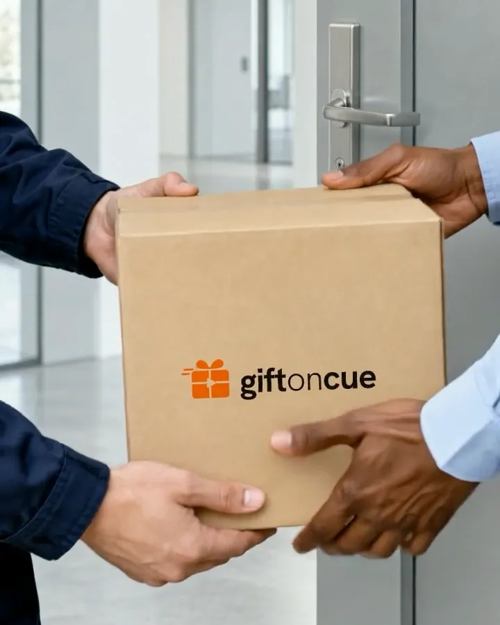 A courier handing over a giftoncue box at an office door