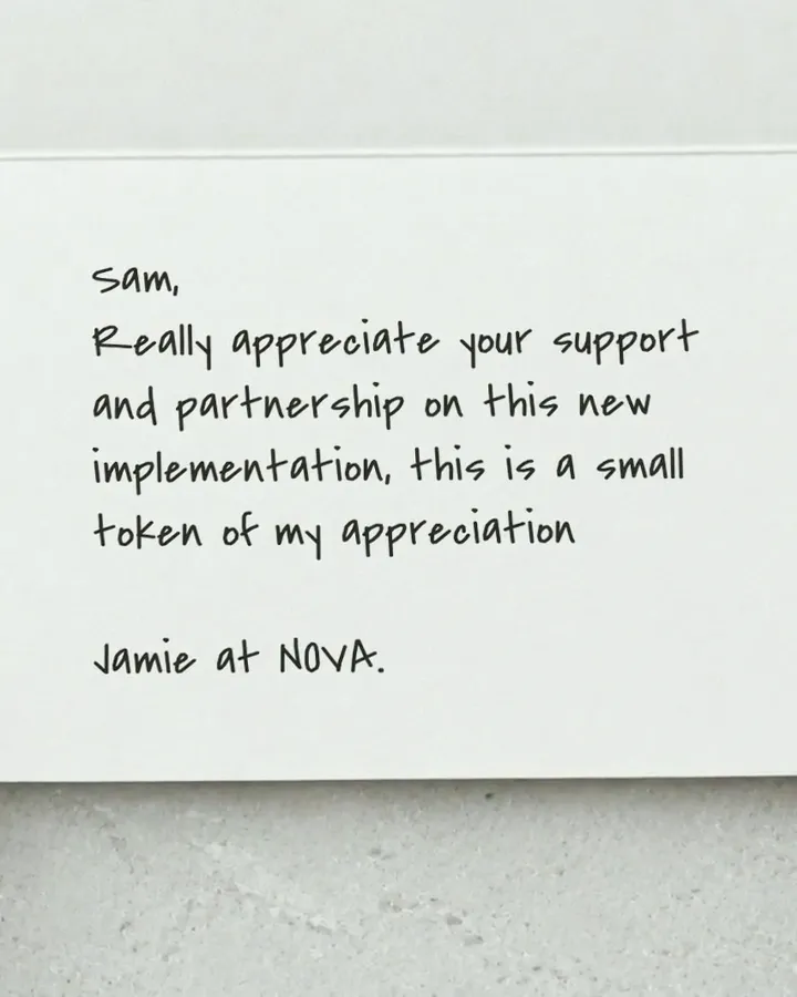 A card to Sam thanking them for their support on a new project, signed Jamie at NOVA