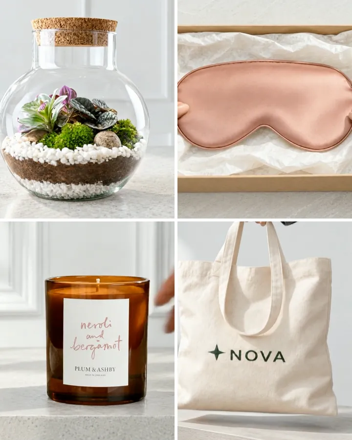 Four gifts in a grid: a glass terrarium, a silk eye mask in its box, a neroli and bergamot candle and a NOVA tote bag