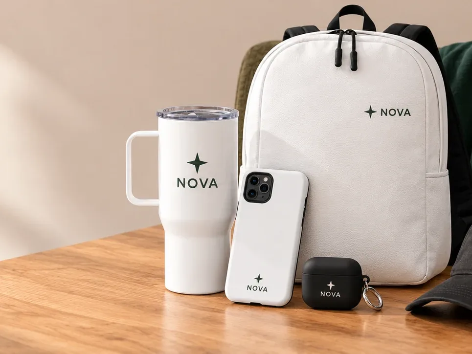 A white NOVA-branded backpack, tumbler, phone case and earbuds case on a pale desk.