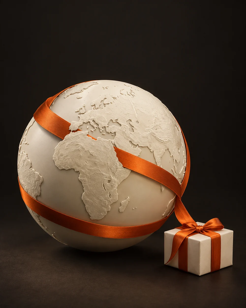An ivory globe wrapped in orange silk ribbon, leading to a small gift parcel.