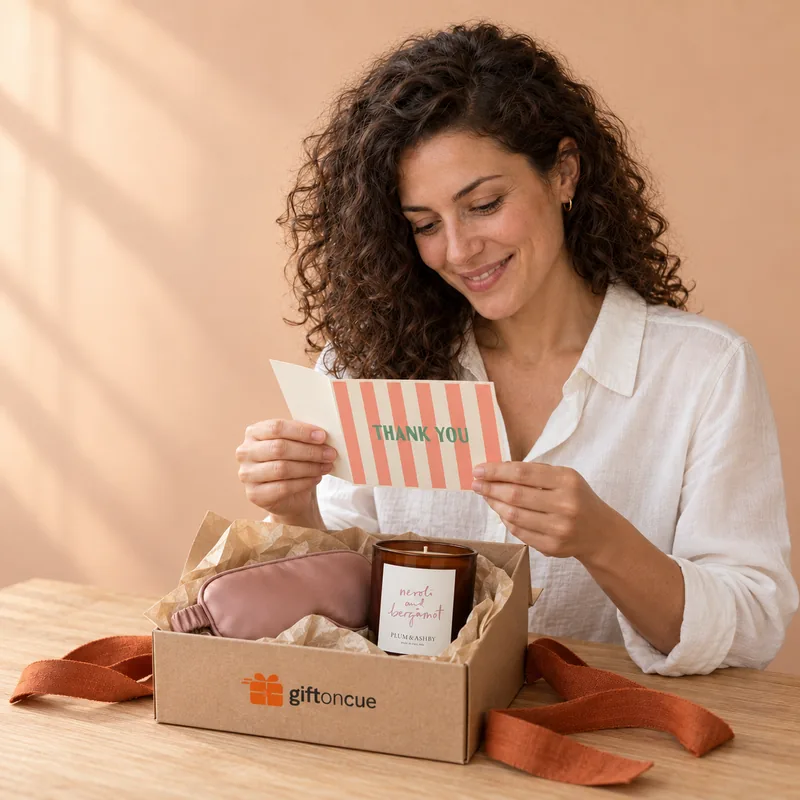 A recipient reading the coral striped Thank You card beside her candle and silk sleep mask in a Gift on Cue box