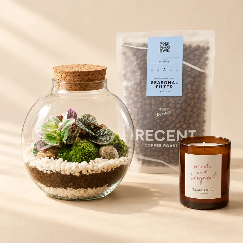 The Nook terrarium, RECENT coffee and a Plum & Ashby candle in warm daylight