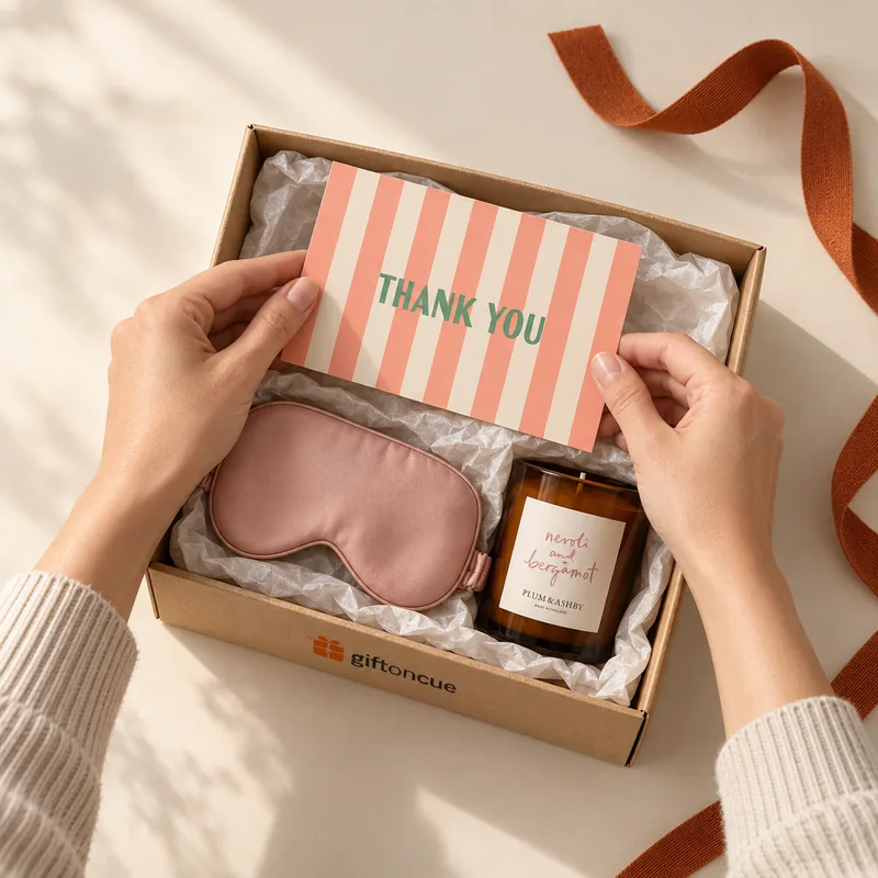 Hands adding a coral striped Thank You card to a Gift on Cue box containing a candle and silk sleep mask