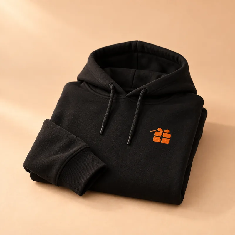 A folded black Swag hoodie with a small orange gift mark on a warm apricot background