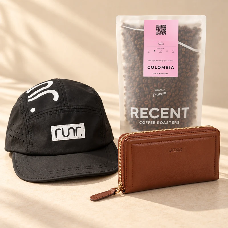 A black RUNR Berlin running hat, tan Saddler Beatrice purse and RECENT Colombia coffee in warm daylight