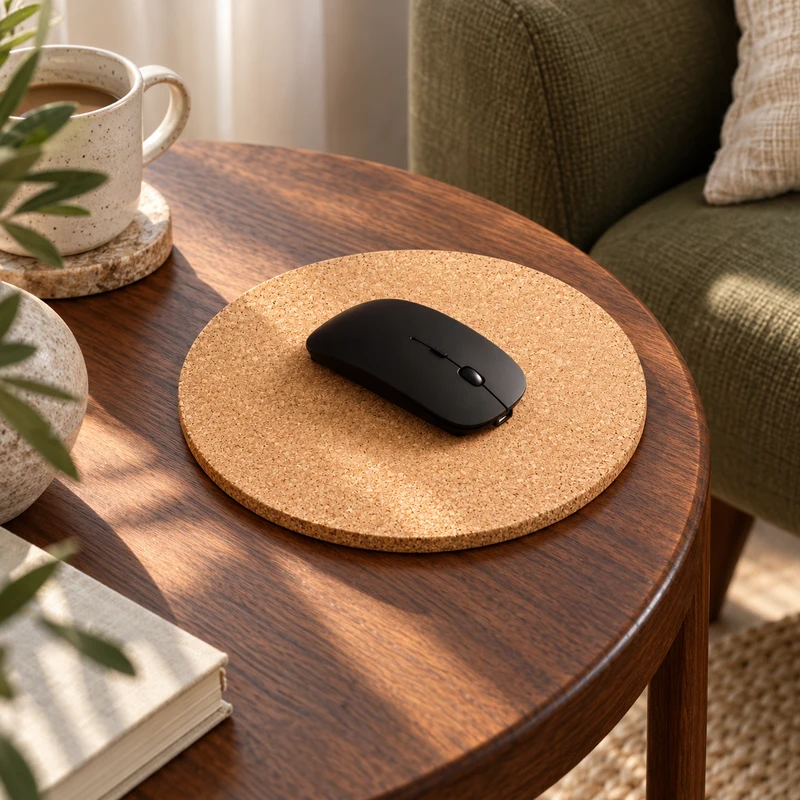 Natural cork round mouse pad with a black mouse on a walnut table