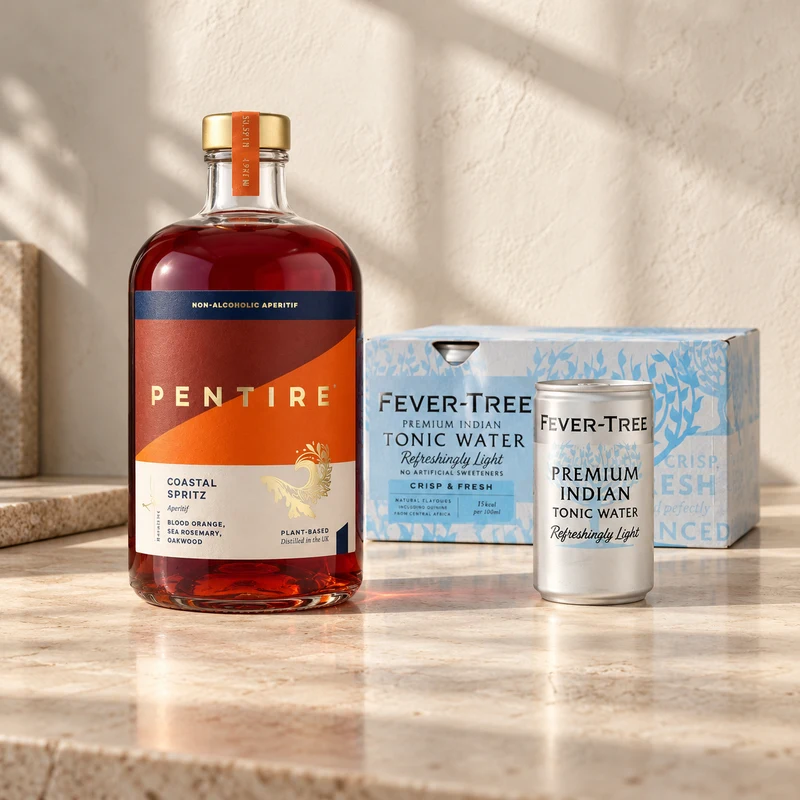 Pentire Starter Bundle with Coastal Spritz and Fever-Tree tonic in warm sunlight