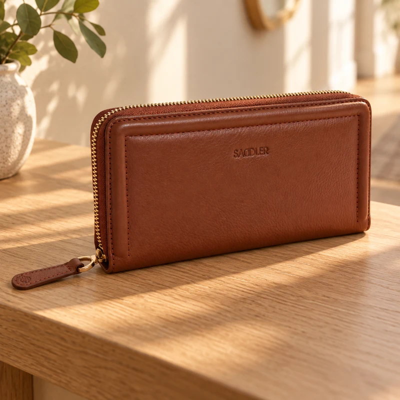 Tan Saddler Beatrice leather purse with gold zip in warm daylight