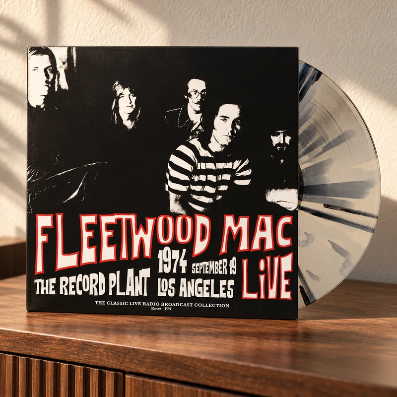 Fleetwood Mac Live at The Record Plant 1974 sleeve and splatter vinyl on a walnut console