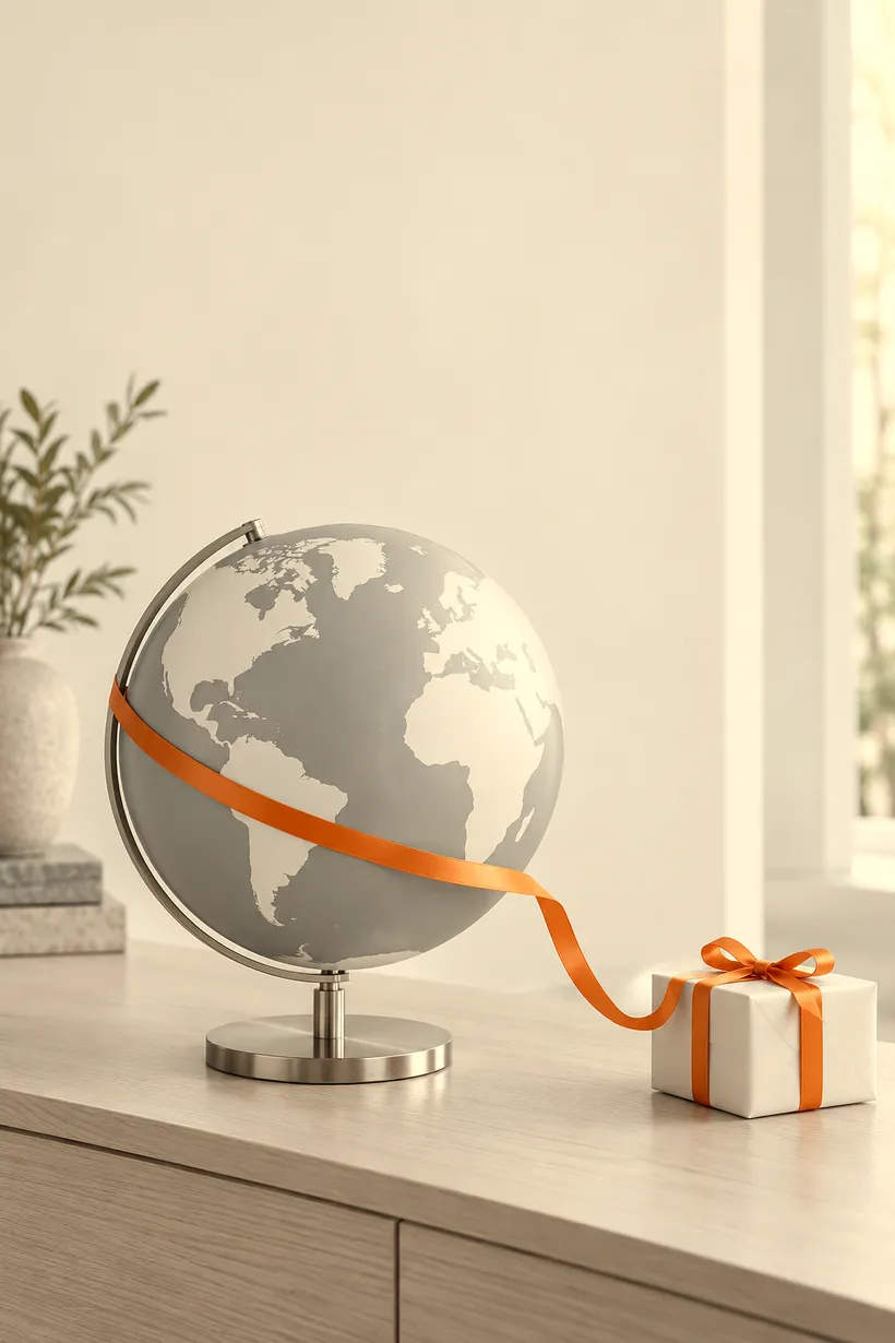 A globe on a sideboard with an orange ribbon running from it to a small wrapped gift.