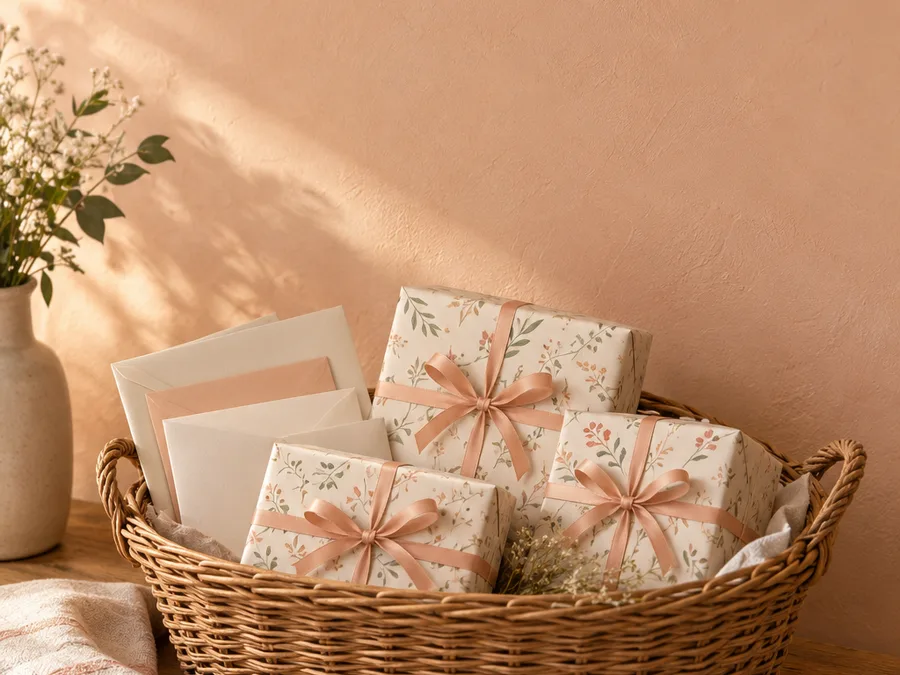 Three floral-wrapped gifts and envelopes in a wicker basket at home