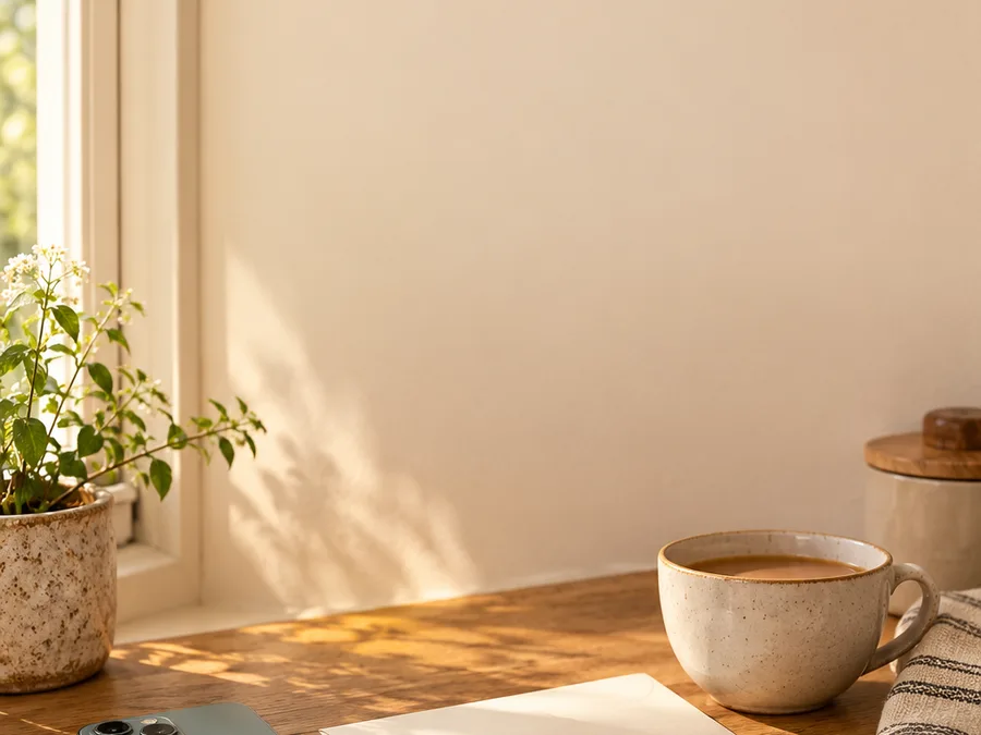 A blank phone and envelope on a kitchen windowsill
