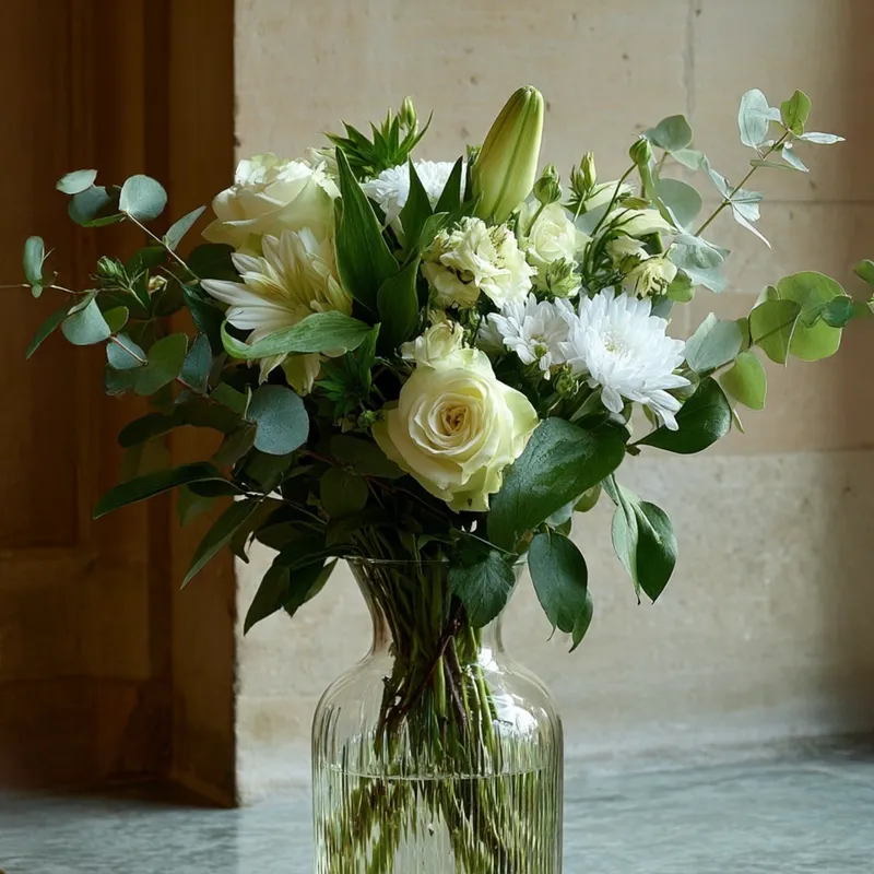 A bouquet of white roses, lilies and eucalyptus in a glass vase