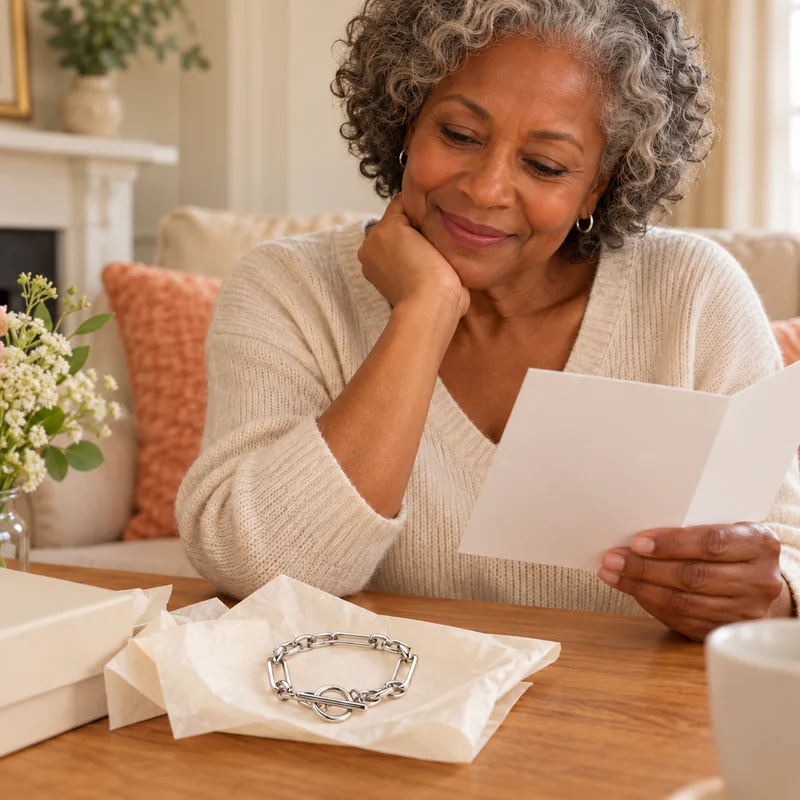 Recipient with silver bracelet. Recipient scene