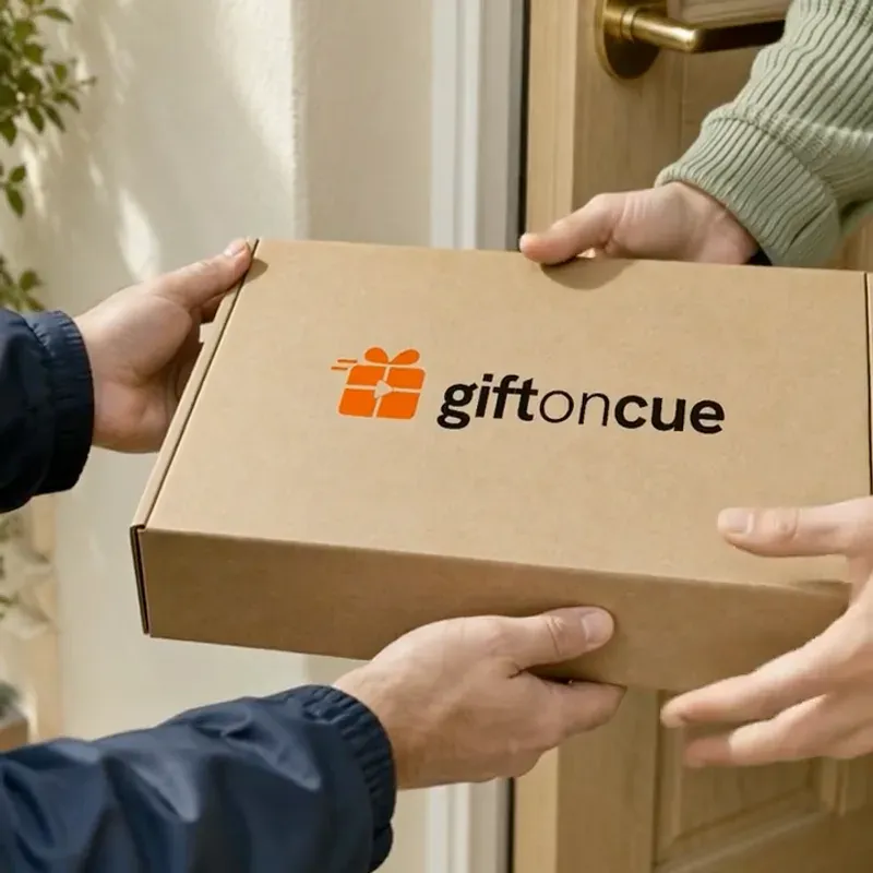 A giftoncue box being handed over at a front door