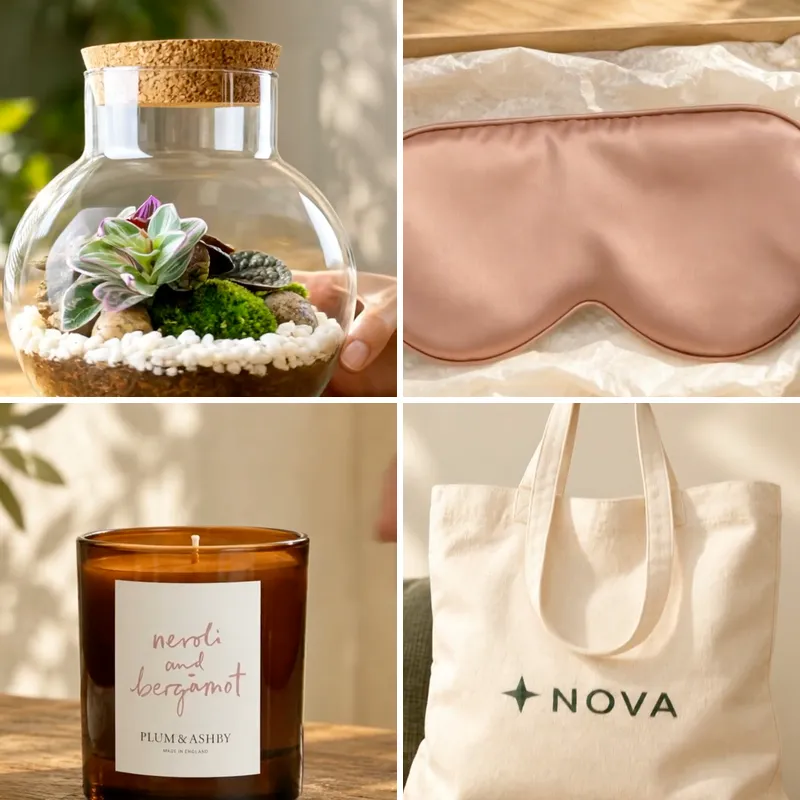 Four gifts: a glass terrarium, a pink silk eye mask, a neroli and bergamot candle and a NOVA tote bag