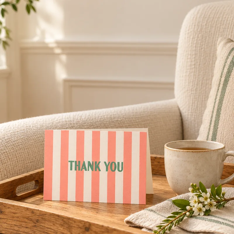 A coral striped Thank You card beside a tea tray and empty armchair