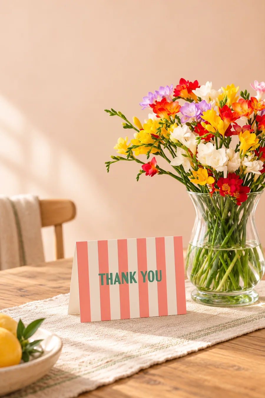 A coral striped Thank You card beside colourful freesia flowers at home
