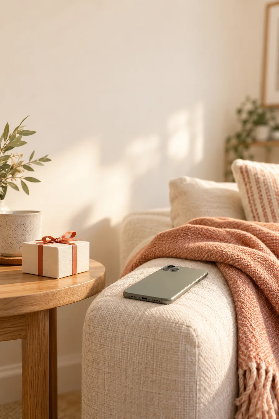 A phone on a linen sofa beside a wrapped gift in a warm living room