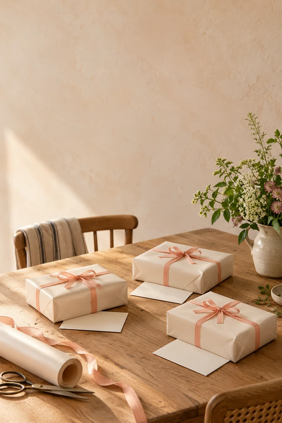 Three gifts and separate envelopes on a wooden dining table