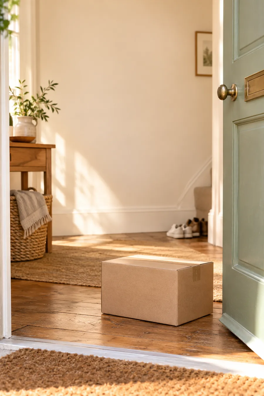 A delivery parcel inside a sage-painted front door