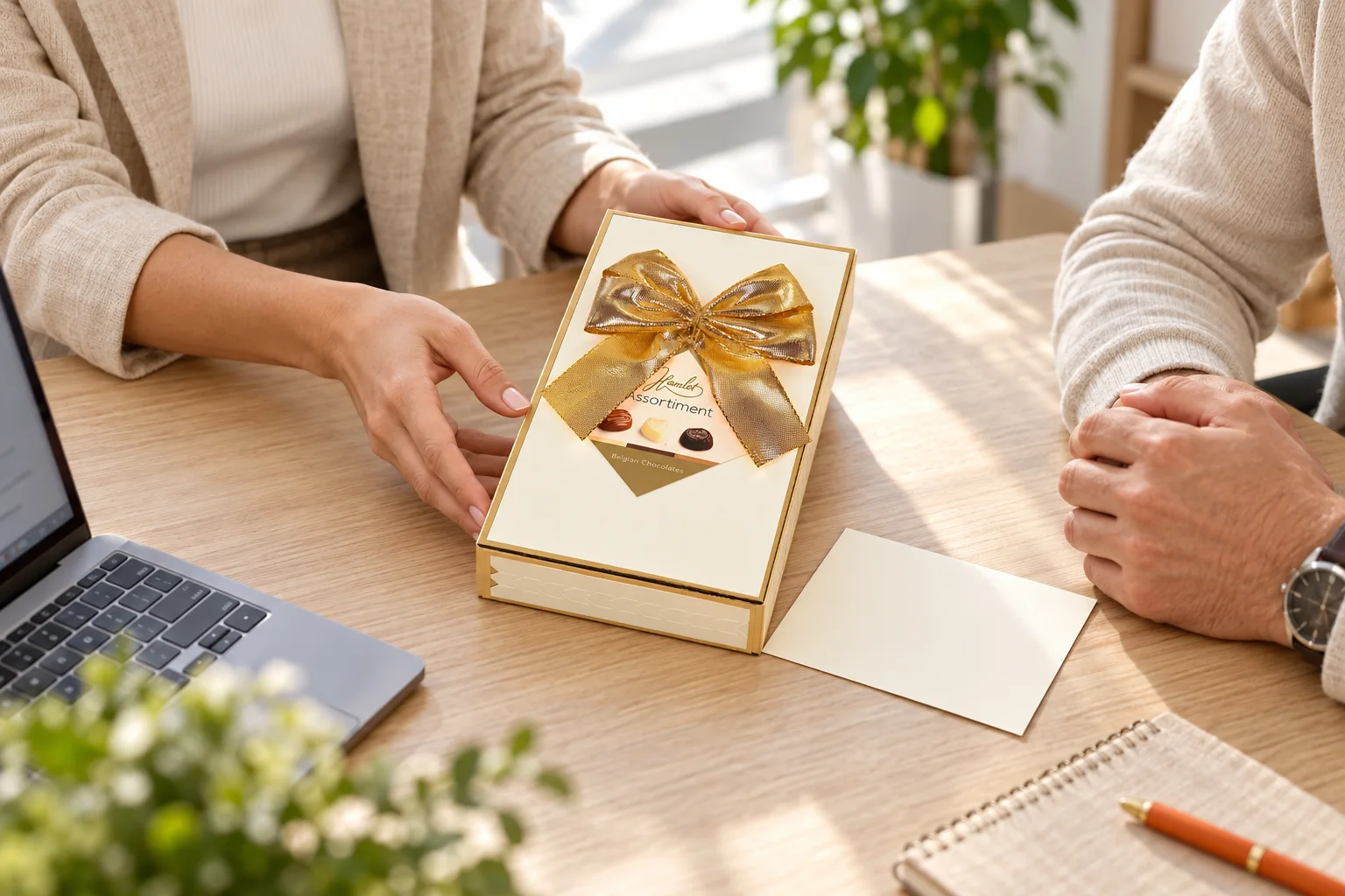 A cream and gold chocolate gift box being handed to a new customer across a meeting table.