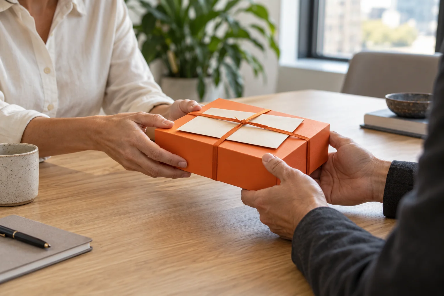 A small orange gift box being passed between two people across a meeting table.