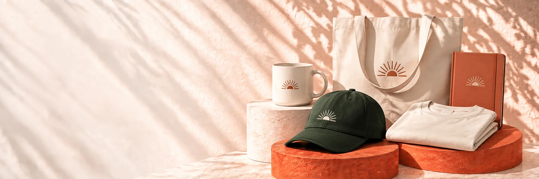 A green cap and a white mug with the same small sunrise design