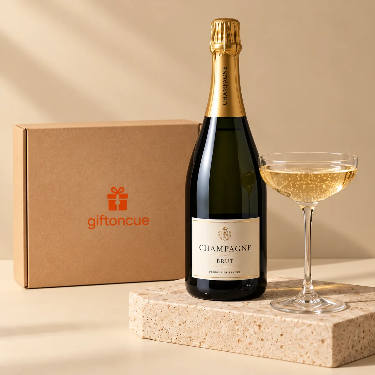 A bottle of champagne and a glass beside a Gift on Cue box